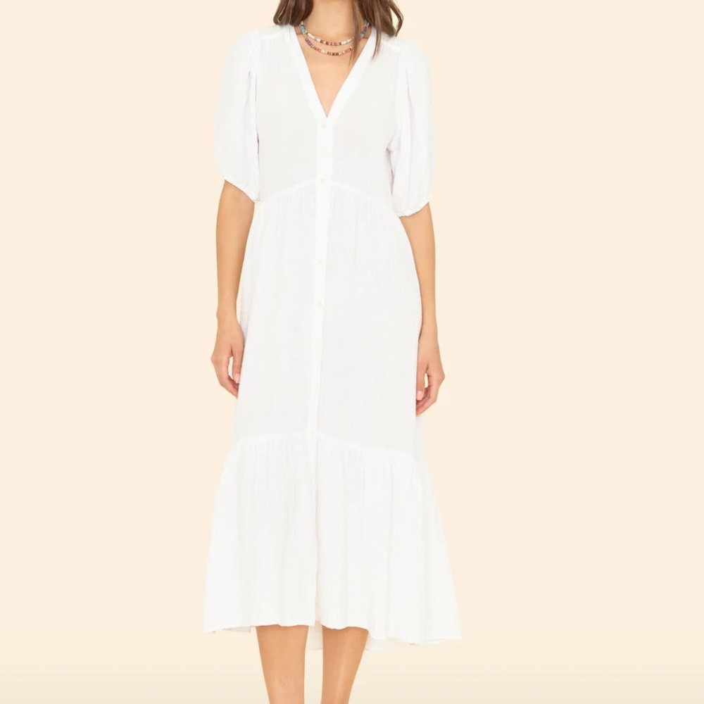 Xirena Lennox Cotton Gauze White Midi Puff Sleeve Dress size S